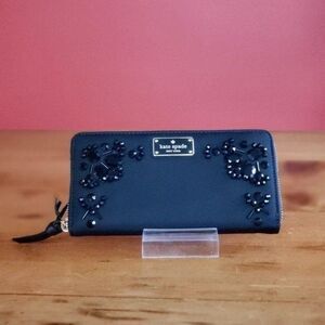 KATE SPADE Neda Wilson Road Embellished Long Zip Around Nylon Wallet Black